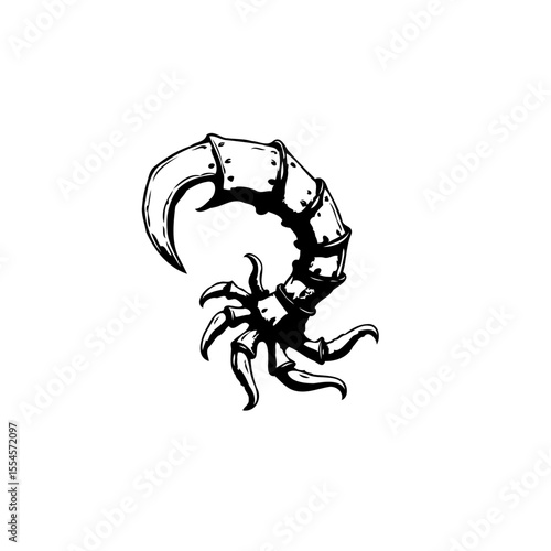 Mysterious metal creature with curved tail and sharp claws in black and white drawing isolated