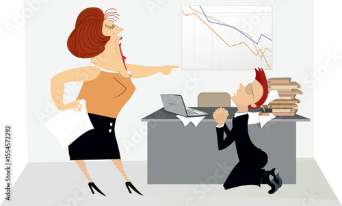 Chief scolds his employee.	
Business communication. Angry female chief scolds his frightened employee staying on the knees
