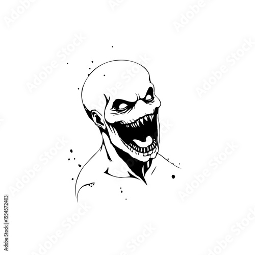 Eerie monochrome drawing presenting a spine chilling zombie visage teeth bared mouth agape with creepy details horror theme