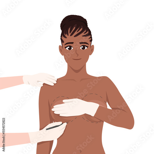 Woman undergoing preoperative marking for breast augmentation, guided by medical professionals. Flat Vector character illustration