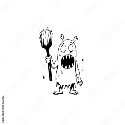 Sweaty cartoon monster character holding a dirty brush in a whimsical drawing style with funny face