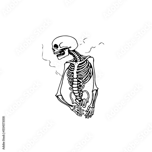 Monochrome depiction of a stylized skeleton conveying themes of mortality, haunting, and gothic elements in isolation