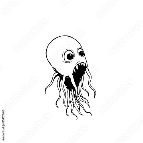 Creepy cartoon monster illustration with tentacles a menacing visage showcases strange creature in black and white for digital art