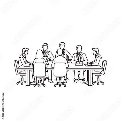 Professional business team diverse group engaged in collaborative boardroom meeting discussion strategy planning communication reaching agreement simple clean minimal line art