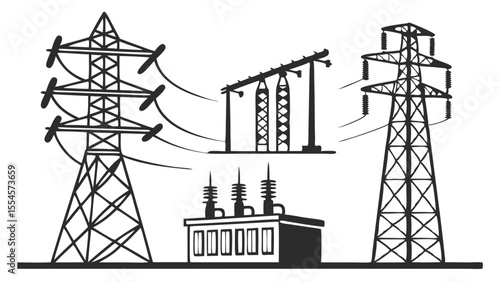 Vector art of power transmission towers and electrical station isolated on white background