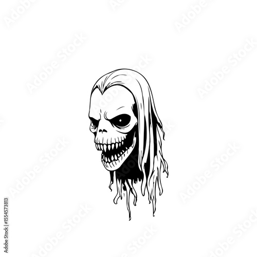 Dark fantasy macabre grim reaper illustration featuring a skull with hair on a white background for decoration