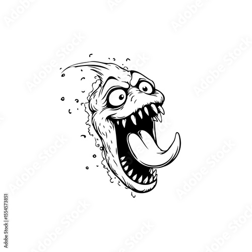 Eerie halloween sketch illustration: monster's grotesque face displaying menacing teeth and exaggerated tongue in a whimsical style