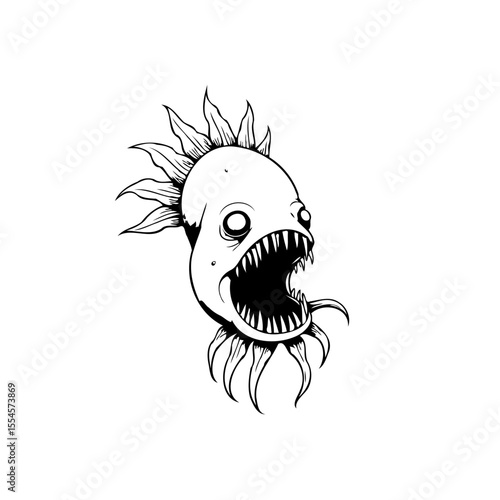 Disturbing creature with sharp teeth and sprouting leaves illustration creates an unsettling and captivating visual