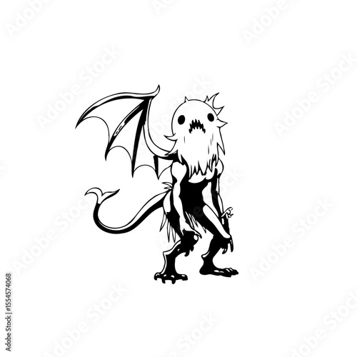 Enigmatic winged creature with sharp teeth captivating illustration with detailed line work evoking fantasy storytelling and imaginative character design