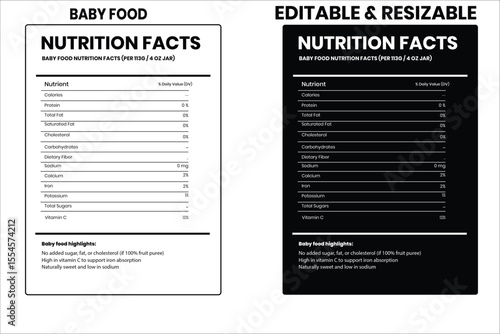 Baby food nutrition, nutrition facts, food label, calorie chart, protein infographic, healthy eating, vitamin chart, editable template, diet plan, meal prep nutrition, food packaging label