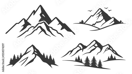 Vector art of mountain silhouettes with trees and birds isolated on white background