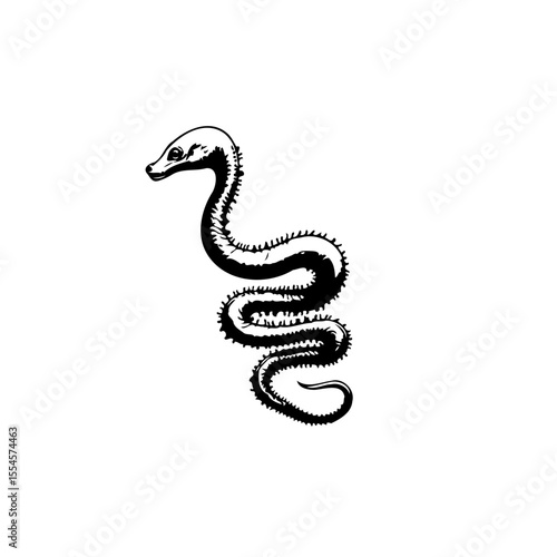 Elegant monochromatic drawing showcasing a stylized snake in a coiled position with textured skin and defined features