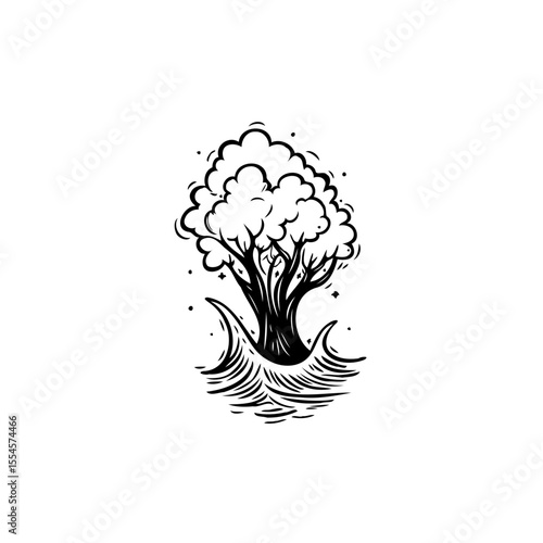 Dramatic black and white illustration of a solitary tree amidst turbulent waters conveying resilience and natural beauty