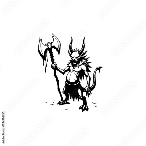 Illustration of a horned demon holding a battle axe symbolizing the realm of fantasy and folklore
