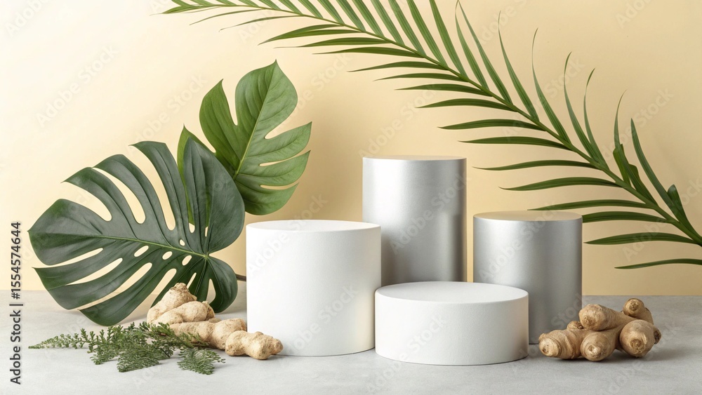 Fototapeta premium Natural ingredients and geometric pedestals with tropical leaves for product display