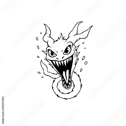 Intricate black and white drawing of a mischievous dragon character evoking fantasy and mythical creatures