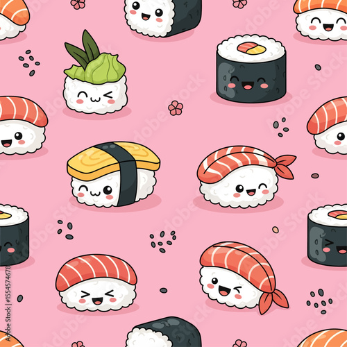 A delightful seamless pattern features a variety of cheerful kawaii sushi characters, including nigiri and maki rolls, smiling against a vibrant pink background. Vector Patterns