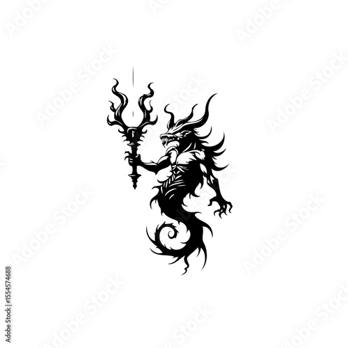 Mystical mythical creature design: fierce dragon wielding trident, dark fantasy, mythological emblem, unique tattoo, mascot
