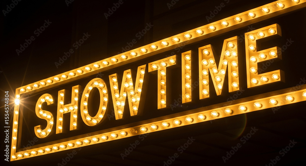 Illuminated showtime sign with marquee lighting displays a theater or event concept with retro style. Illuminated showtime sign with marquee lighting displays a theater or event concept with retro style.