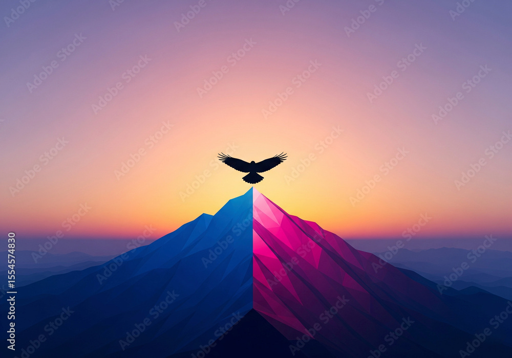 Fototapeta premium Majestic Polygonal Mountain Split into Blue and Pink with a Silhouetted Eagle at Sunrise or Sunset, Symbolizing Achievement and Freedom