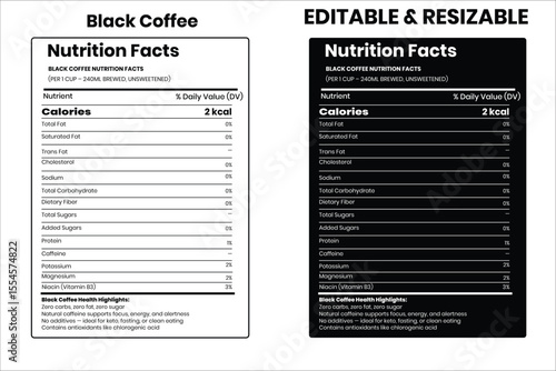 Black Coffee nutrition facts, nutrition facts, food label, calorie chart, protein infographic, healthy eating, vitamin chart, editable template, diet plan, meal prep nutrition, food packaging label