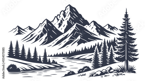 Vector art of mountain range and pine forest create a scenic landscape with a river isolated on white background