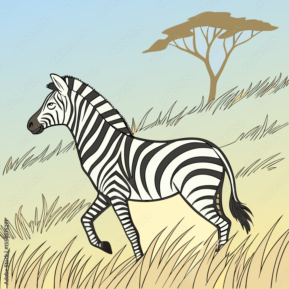 Obraz premium A zebra family grazes in the savanna in close proximity to other animals vector design