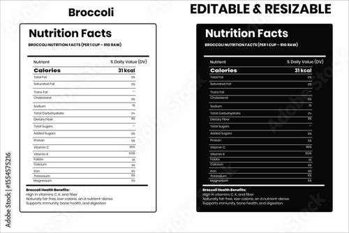 Broccoli nutrition facts, nutrition facts, food label, calorie chart, protein infographic, healthy eating, vitamin chart, editable template, diet plan, meal prep nutrition, food packaging label