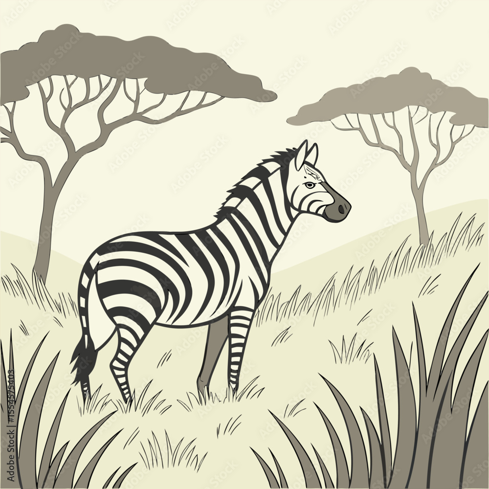 Εκτύπωση καμβά A zebra family grazes in the savanna in close proximity to other animals vector