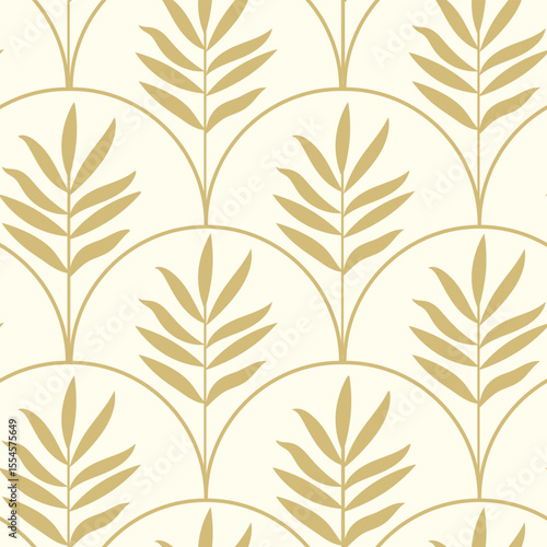 Art deco golden palm leaves on scallop arches seamless pattern. For wallpaper, home décor and textile