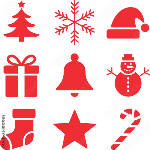 Collection of red christmas icons isolated on white background for holiday season, set of christmas elements