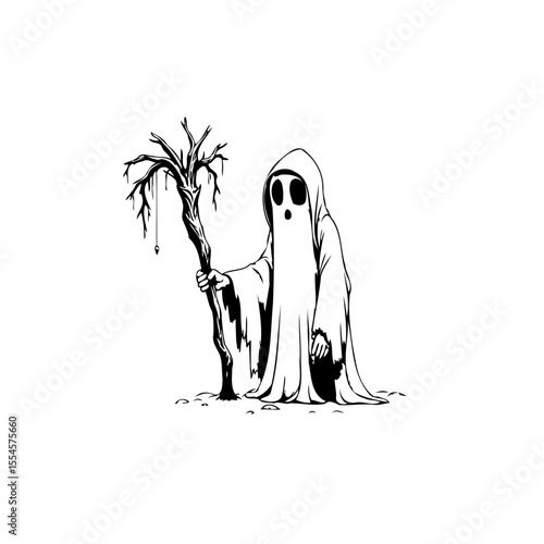 Spooky ghost with branch standing alone in grayscale cartoon illustration for halloween spirit and mood