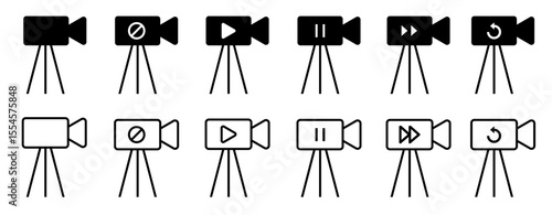 Video camera icons vector set on tripod with various playback and recording controls, ideal for film production, multimedia applications, streaming, and digital content creation interfaces.