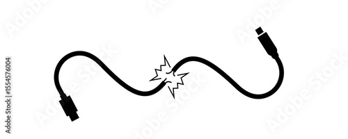 Broken electric cable vector illustration symbolizing power failure, connection issues, or damaged wiring ideal for repair services, maintenance warnings, and technical diagrams