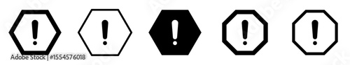 Exclamation mark warning sign icons vector set in various hexagon and octagon shapes representing alerts, hazards, and important notifications for safety and error messages.
