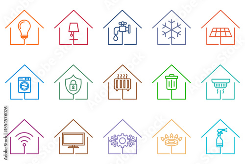 Colorful outline house utility icon set for smart home management, including symbols for electricity, plumbing, heating, security systems, and other residential services