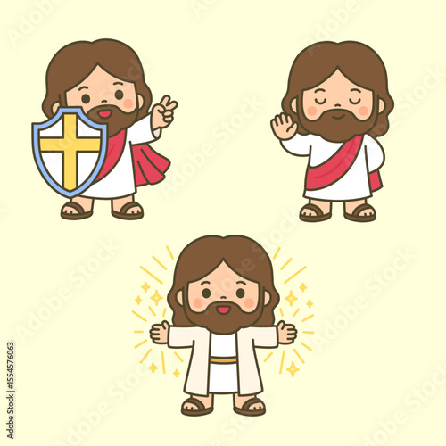 Cartoon Jesus with Shield, Peace Sign, and Radiant Pose
