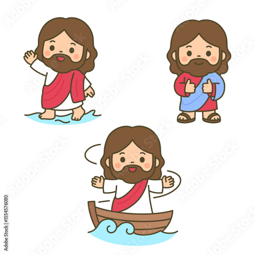 Cartoon Jesus Walking on Water and Calming Storm in Boat