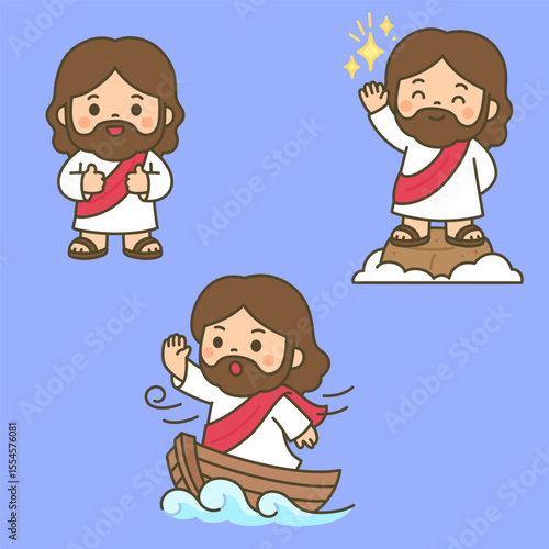 Cute Cartoon Jesus Preaching and Sailing in Boat