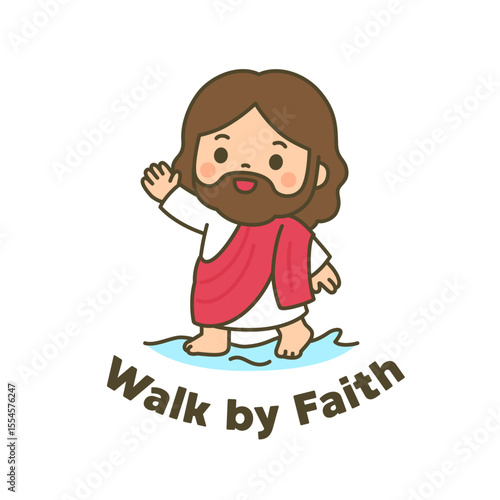 Jesus Walking on Water with Walk by Faith Message on White Background