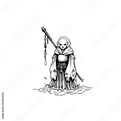 Grim reaper illustration: a mysterious cloaked skeleton figure with a staff emerging from water eerie artwork
