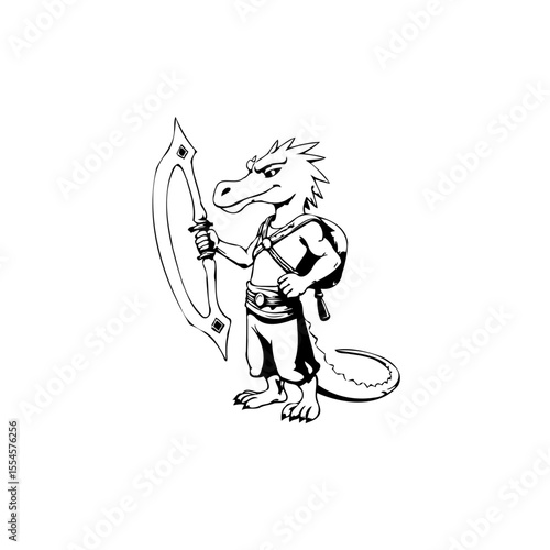 Cartoon alligator warrior with a determined expression stands ready for battle holding an arcane bow weapon