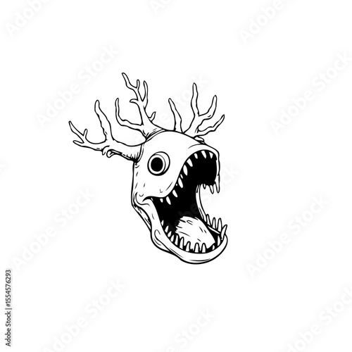 Spooky Halloween Illustration featuring a Monster Creature with Antlers and Open Mouth black and white