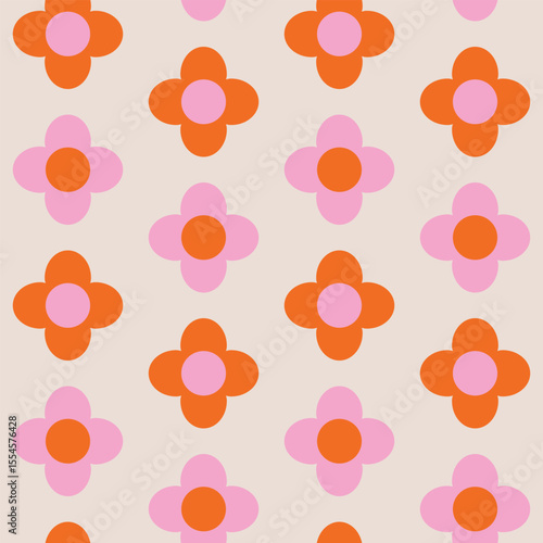 Mid century Mod retro flowers in pink and orange seamless pattern. For fabric, home décor and textile