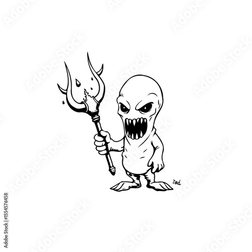Cartoon demon creature with trident illustration evoking dark humor and mythical mischief within fantasy realm