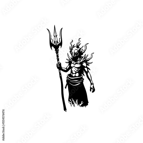 Mystical warrior wielding trident standing boldly ready for battle in a dark and mysterious fantasy adventure