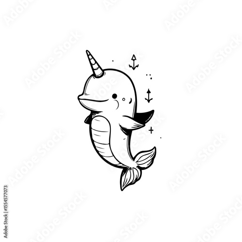 Adorable narwhal unicorn illustration art a whimsical blend of mythical creature and sea creature art, ocean magic