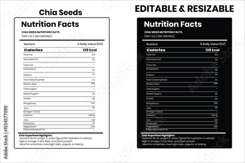 Chia Seeds nutrition facts, nutrition facts, food label, calorie chart, protein infographic, healthy eating, vitamin chart, editable template, diet plan, meal prep nutrition, food packaging label