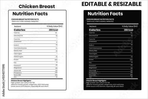 Chicken Breast nutrition facts, nutrition facts, food label, calorie chart, protein infographic, healthy eating, vitamin chart, editable template, diet plan, meal prep nutrition, food packaging label