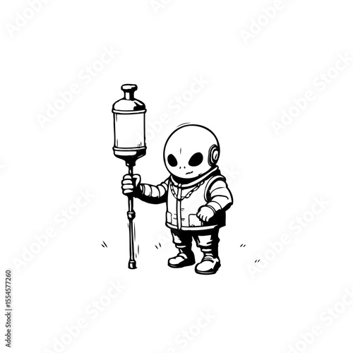 A cute little cartoon alien wearing a spacesuit and holding a mysterious object on a desolate planet exploration